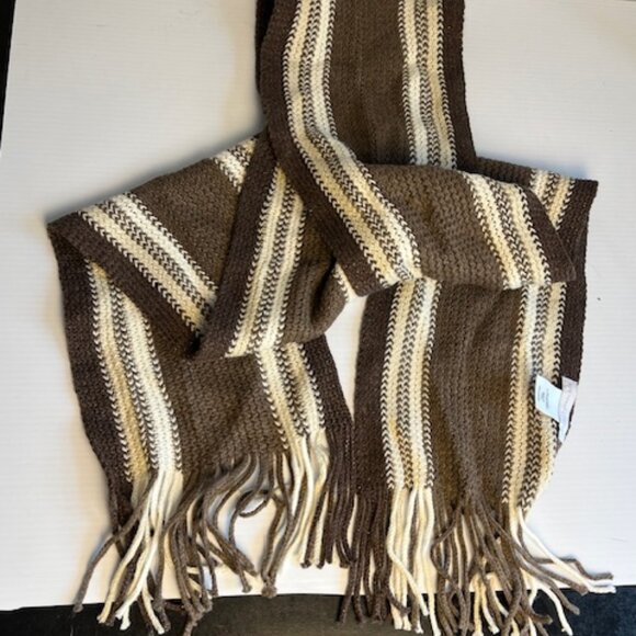 New York & Company Acrylic Brown and White Striped Scarf with fringe ends - Picture 1 of 3